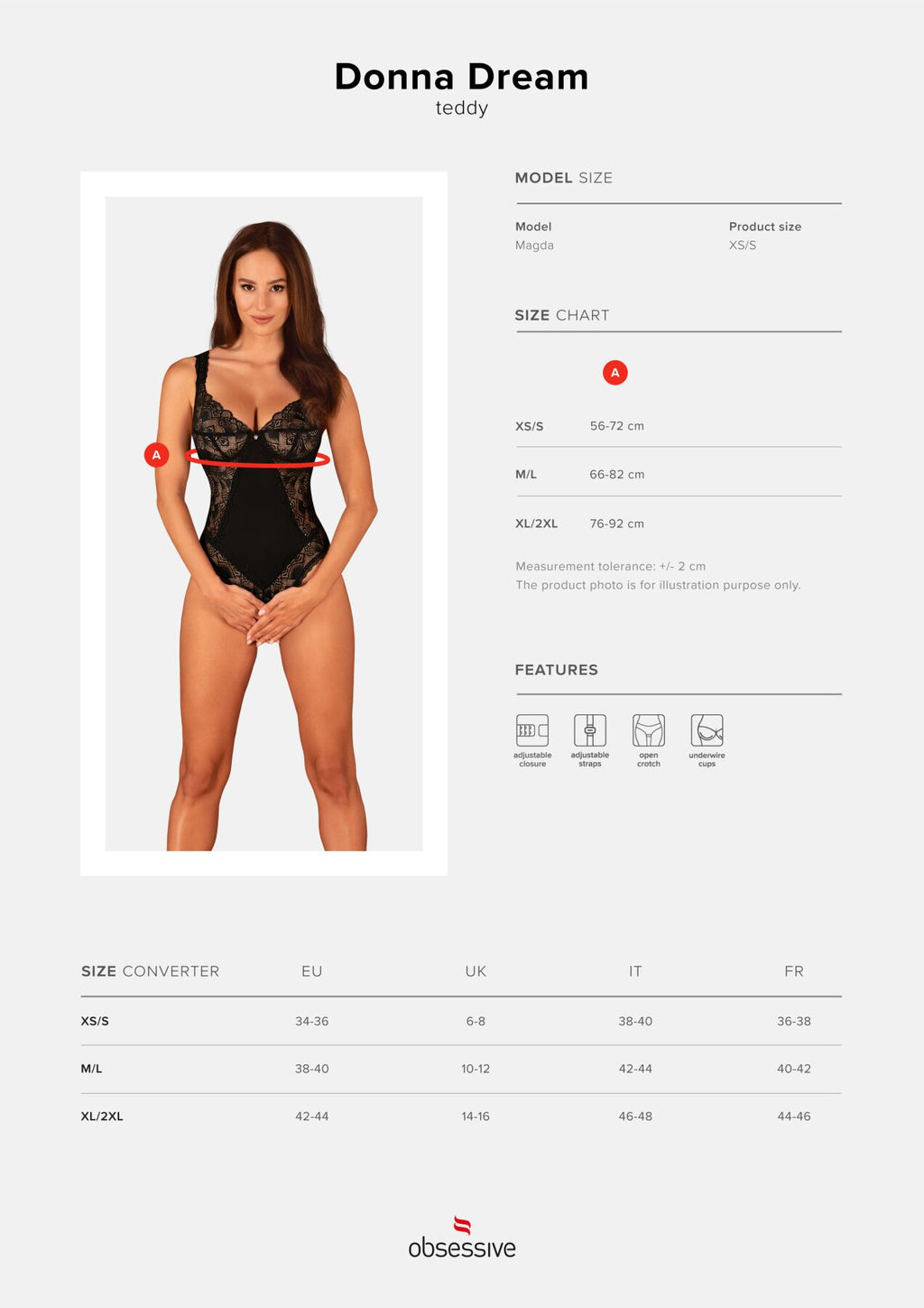Obsessive (Польща) Мереживне боді Obsessive Donna Dream crotchless teddy XS/S Black, відкритий доступ