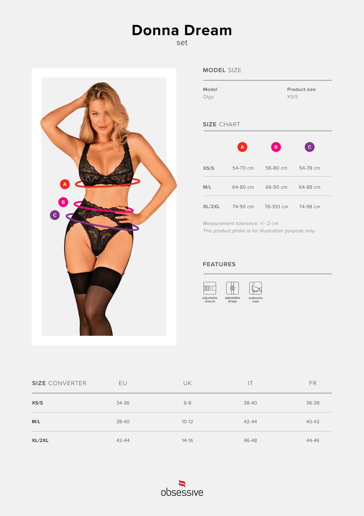 Obsessive (Польща) Комплект білизни Obsessive Donna Dream 3-pcs set M/L Black, бюстгальтер, стрінги, пояс для панчіх
