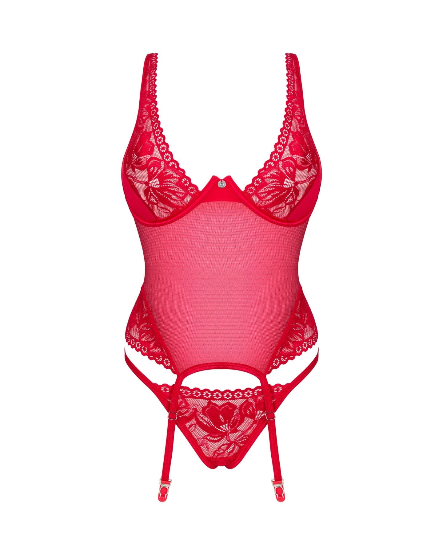 Прозорий корсет Obsessive Lacelove corset XS/S Red, мереживо, підв’язки для панч