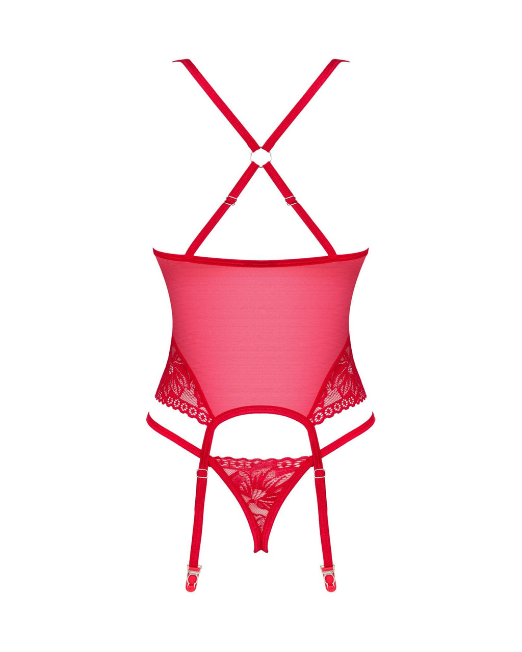 Прозорий корсет Obsessive Lacelove corset XS/S Red, мереживо, підв’язки для панч