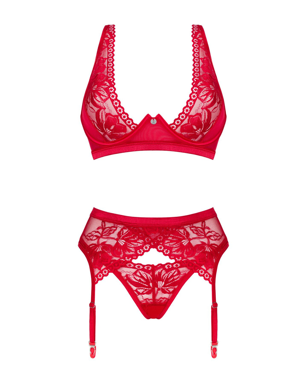 Obsessive (Польща) Комплект білизни Obsessive Lacelove cupless 3pcs set XS/S Red, бюстгальтер, стрінги, пояс для панчіх