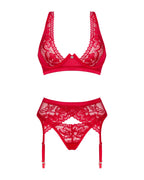 Комплект білизни Obsessive Lacelove cupless 3pcs set XS/S Red, бюстгальтер, стрінги, пояс для панчіх