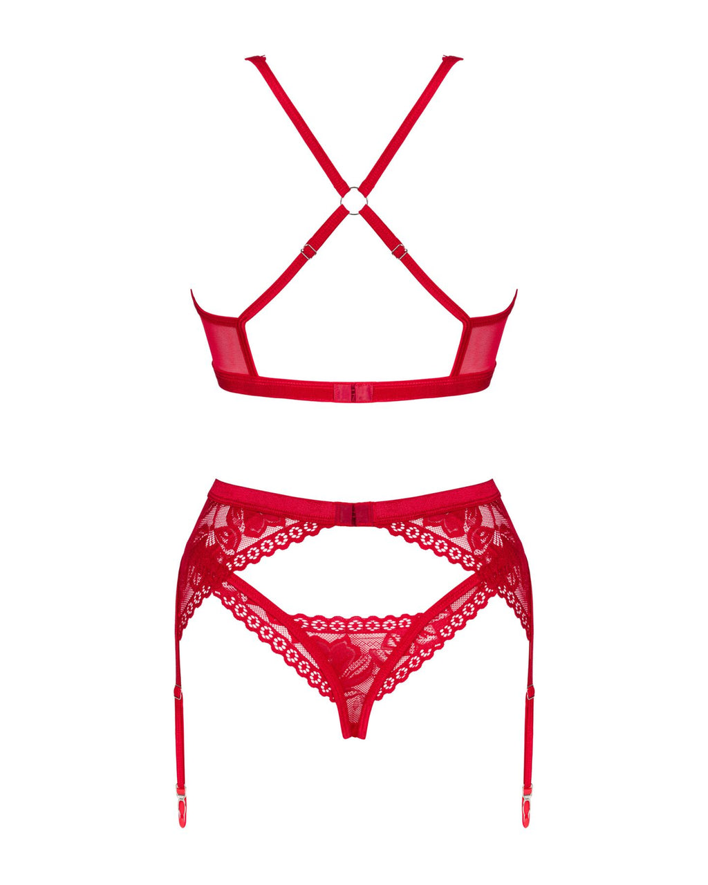 Obsessive (Польща) Комплект білизни Obsessive Lacelove cupless 3pcs set XS/S Red, бюстгальтер, стрінги, пояс для панчіх