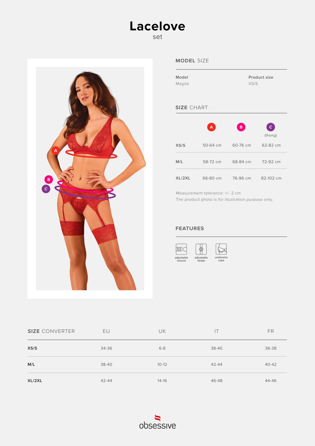 Obsessive (Польща) Комплект білизни Obsessive Lacelove cupless 3-pcs set XL/2XL Red, бюстгальтер, стрінги, пояс для панчіх
