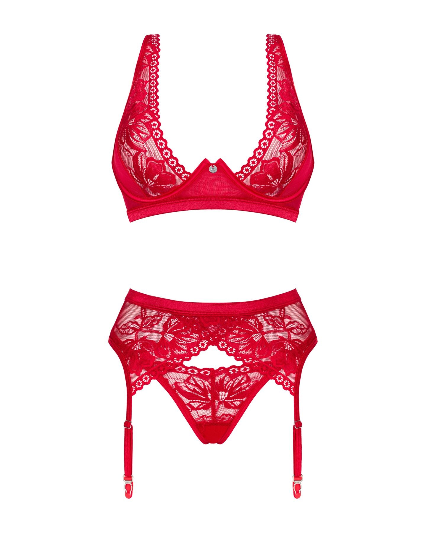 Obsessive (Польща) Комплект білизни Obsessive Lacelove cupless 3-pcs set XL/2XL Red, бюстгальтер, стрінги, пояс для панчіх