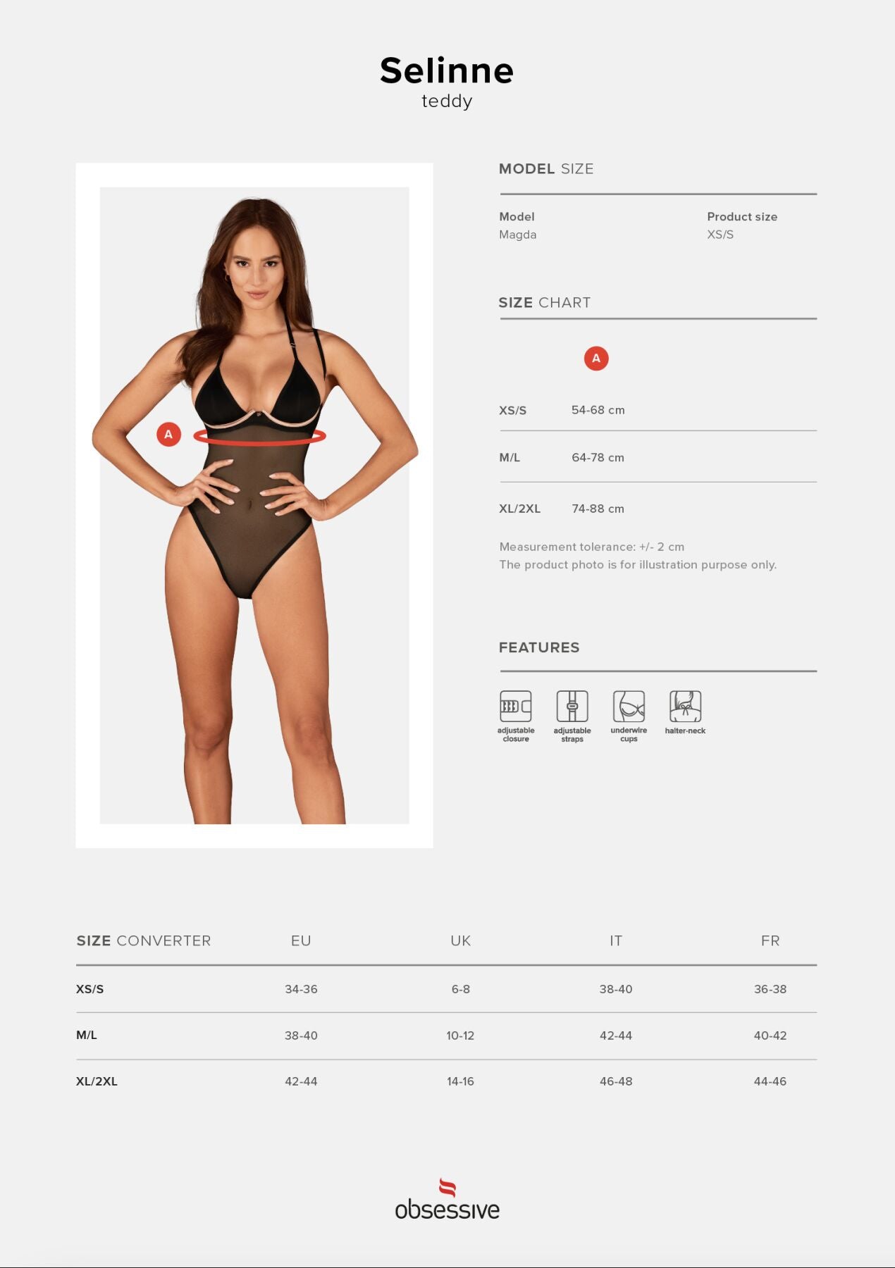 Obsessive (Польща) Прозоре боді Obsessive Selinne teddy XL/2XL Black, дрібна сітка, подвійні бретелі