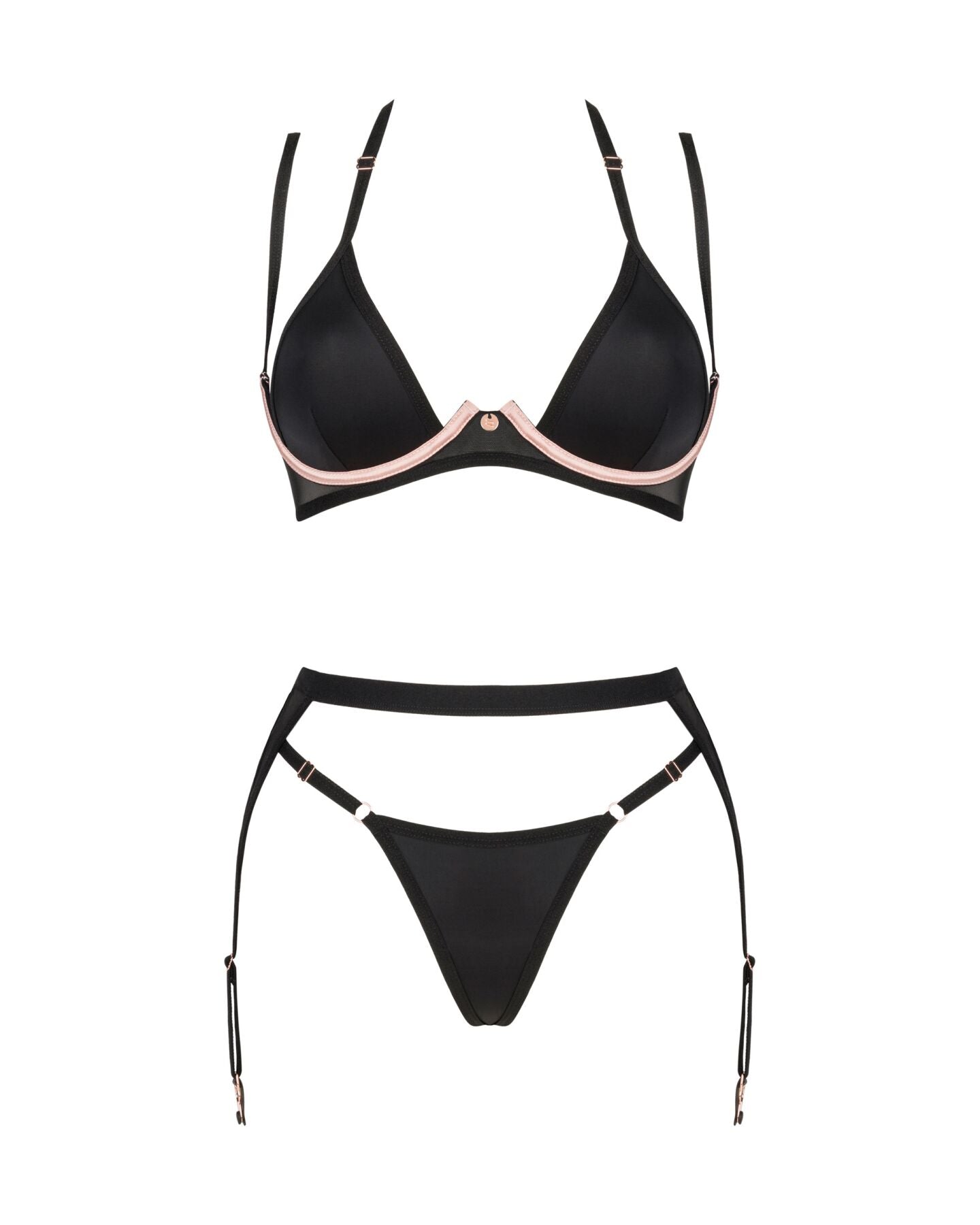 Obsessive (Польща) Комплект білизни Obsessive Selinne 3-pcs set XS/S Black, бюстгальтер, стрінги пояс для панчіх