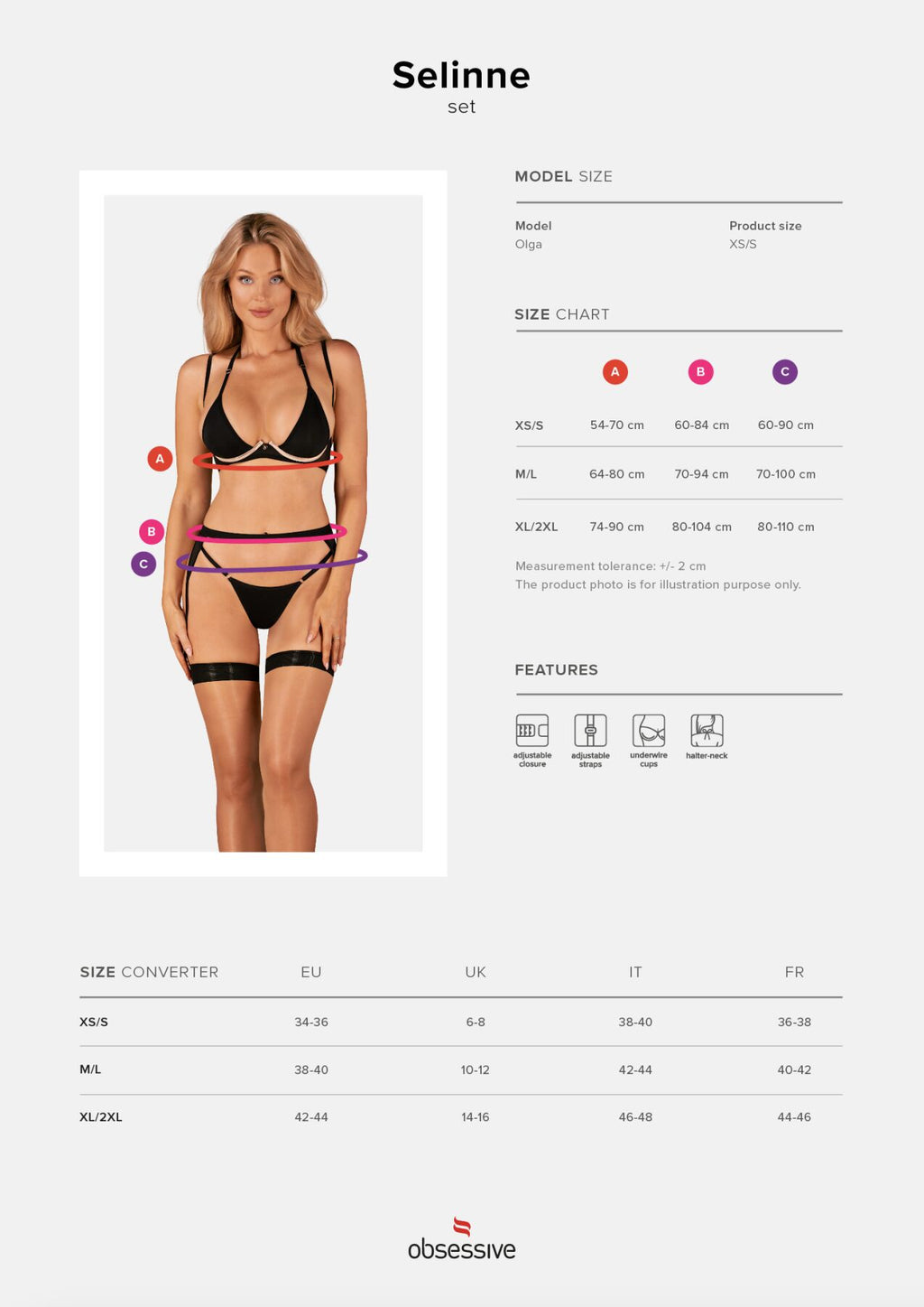 Obsessive (Польща) Комплект білизни Obsessive Selinne 3-pcs set M/L Black, бюстгальтер, стрінги пояс для панчіх