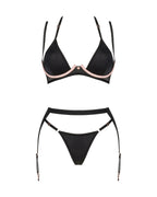 Комплект білизни Obsessive Selinne 3-pcs set XL/2XL Black, бюстгальтер, стрінги пояс для панчіх