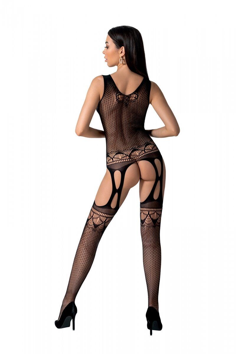 Passion (Польща) Бодістокінг з плетінням на грудях Passion BS099 One Size, black, відкритий доступ,імітація підв’язок
