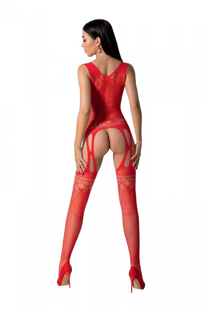 Passion (Польща) Бодістокінг з плетінням на грудях Passion BS099 One Size, red, відкритий доступ, імітація підв’язок