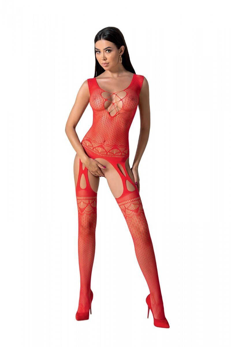 Passion (Польща) Бодістокінг з плетінням на грудях Passion BS099 One Size, red, відкритий доступ, імітація підв’язок