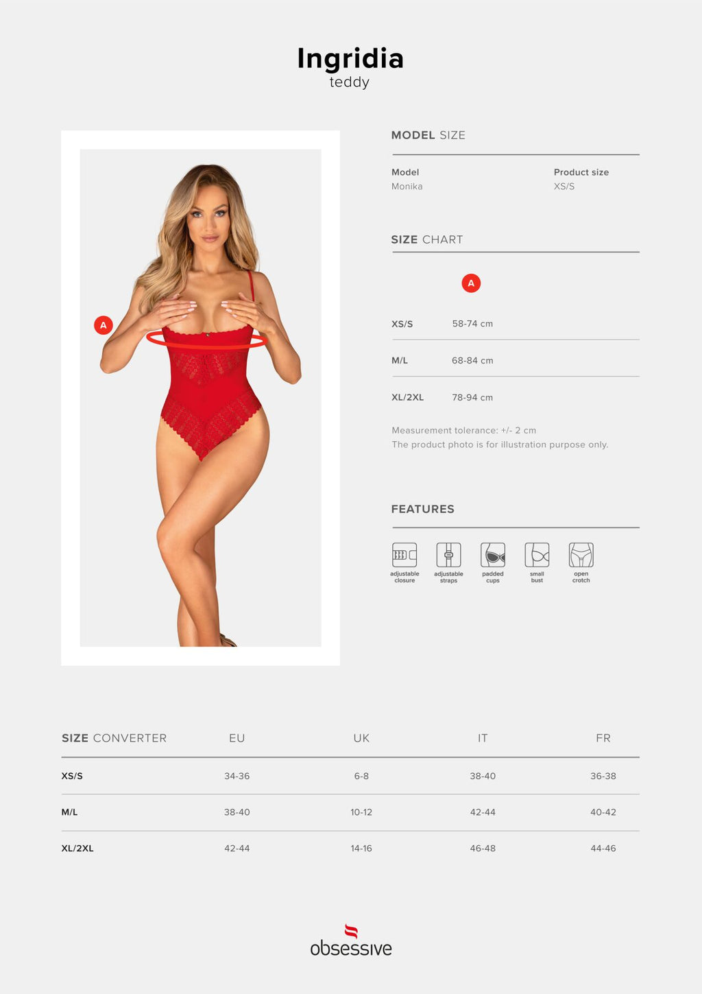 Obsessive (Польща) Боді з доступом Obsessive Ingridia crotchless teddy XS/S, червоне, відкриті груди