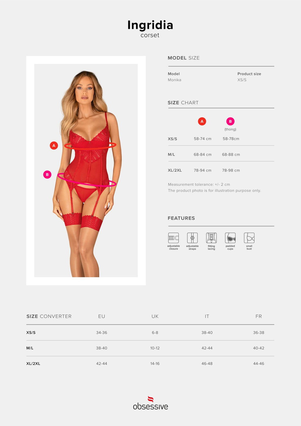 Obsessive (Польща) Комплект корсет та стрінги Obsessive Ingridia corset & thong M/L, червоний