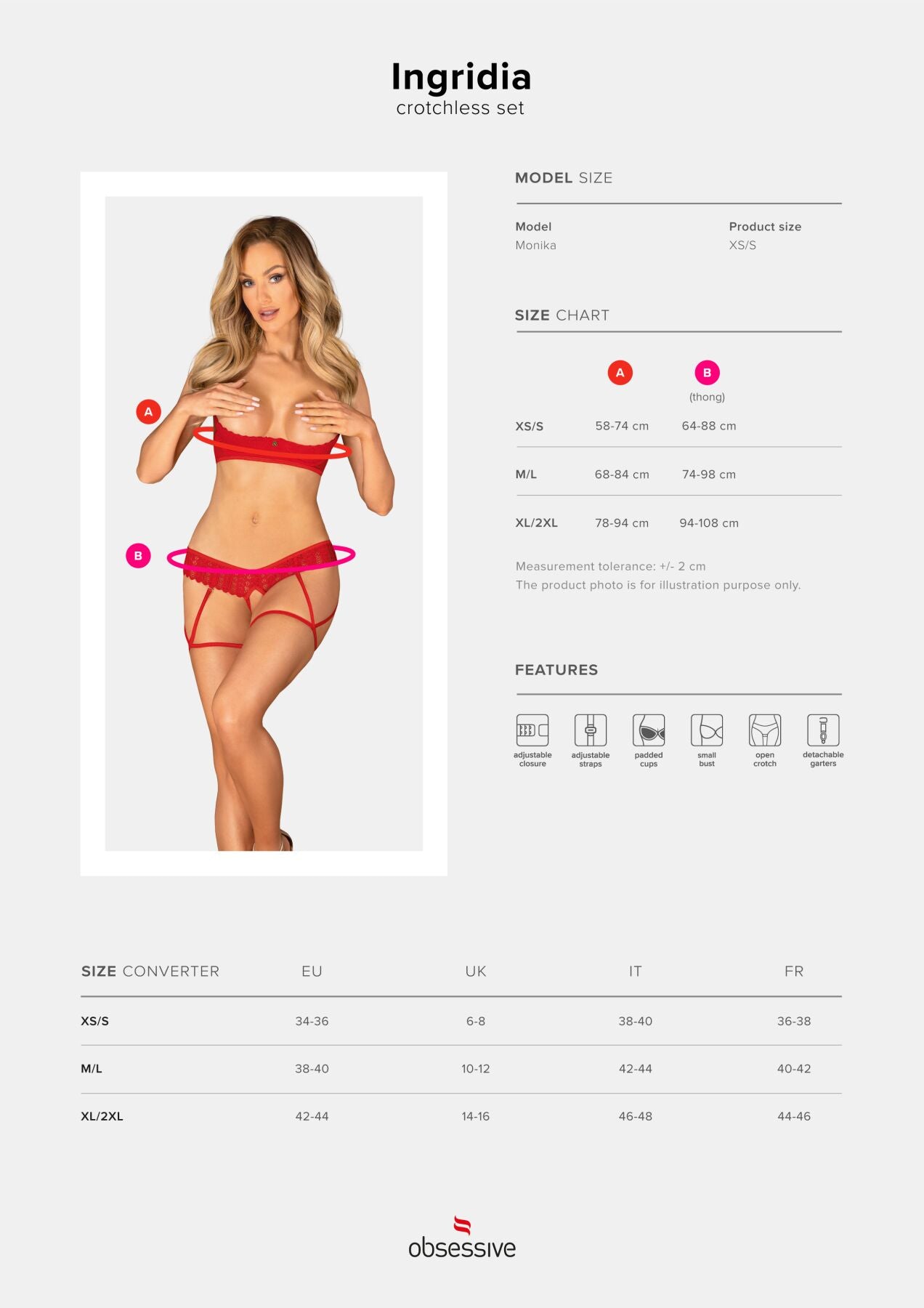 Obsessive (Польща) Комплект Obsessive Ingridia 2-pcs crotchless set XL/2XL, червоний, з доступом, відкриті груди