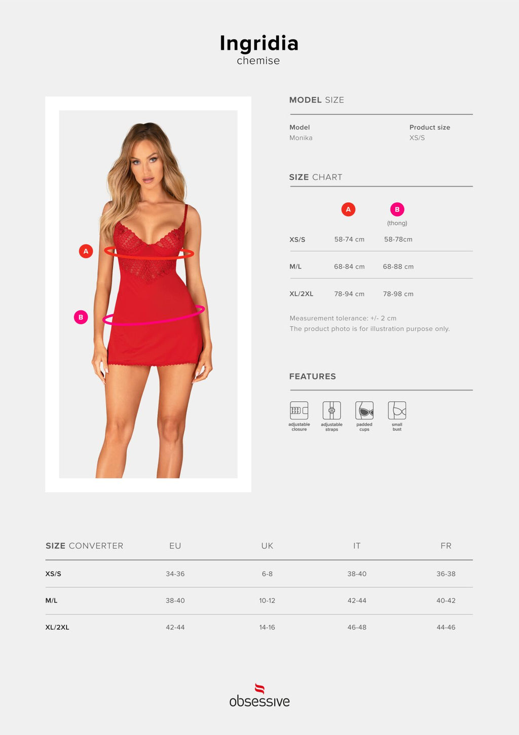 Obsessive (Польща) Пеньюар Obsessive Ingridia chemise & thong XS/S, червоний, сорочка, стрінги
