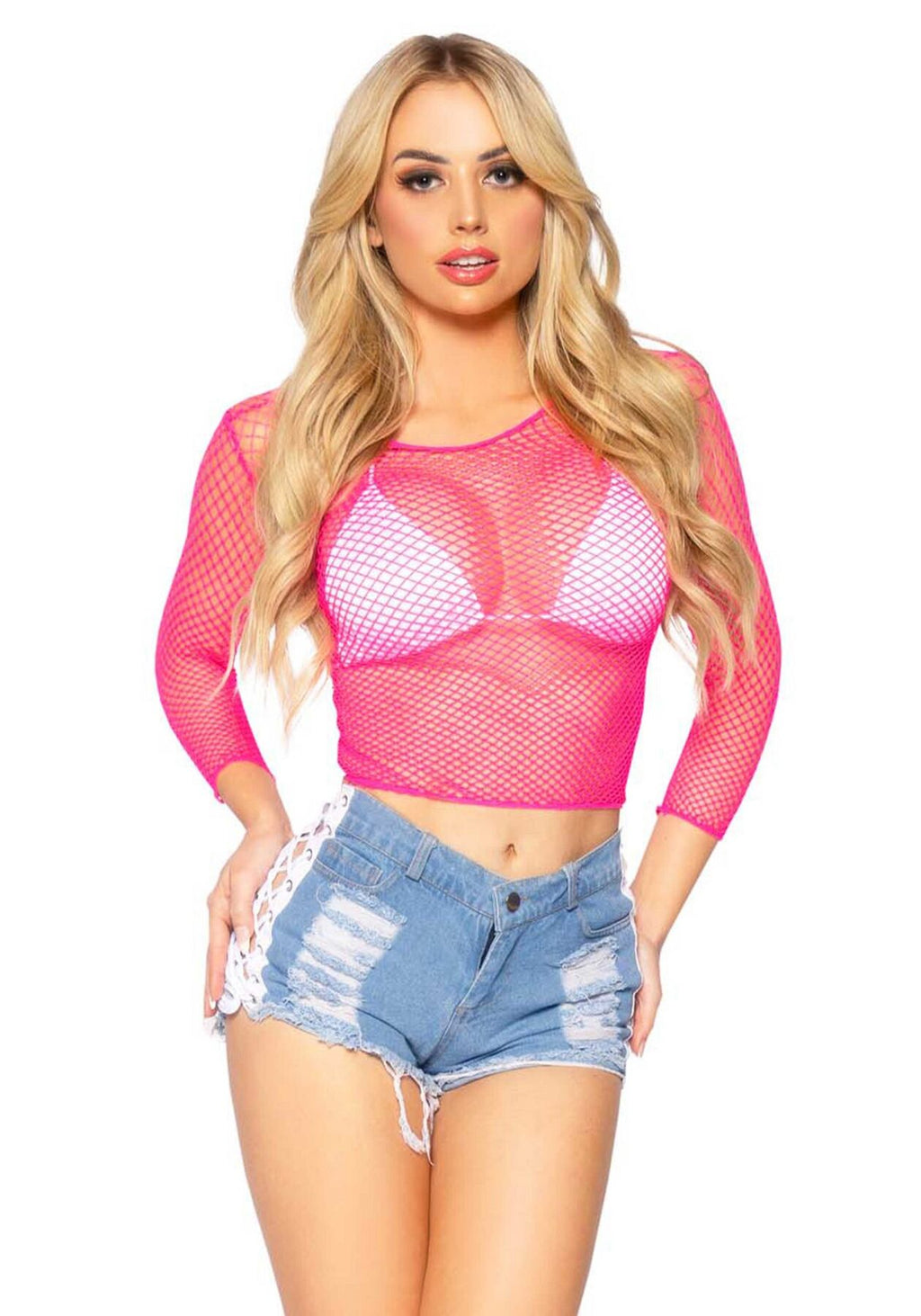 Leg Avenue (США) Сітчастий топ Leg Avenue Long Sleeves T-Shirts Neon Pink, One Size