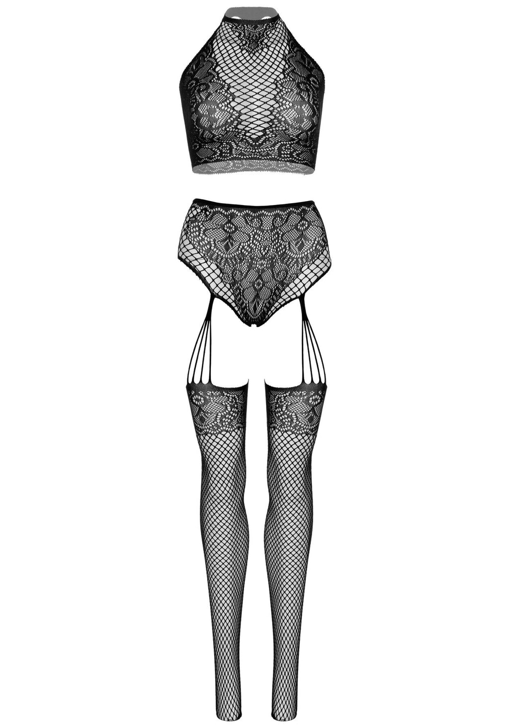 Leg Avenue (США) Еротичний комплект Leg Avenue Crop top and garter panty Black, топ, трусики з доступом, панчохи
