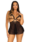 Leg Avenue (США) Сорочка бебі-дол з відкритими чашками Leg Avenue Lace and mesh babydoll & panty Black M, стрінги
