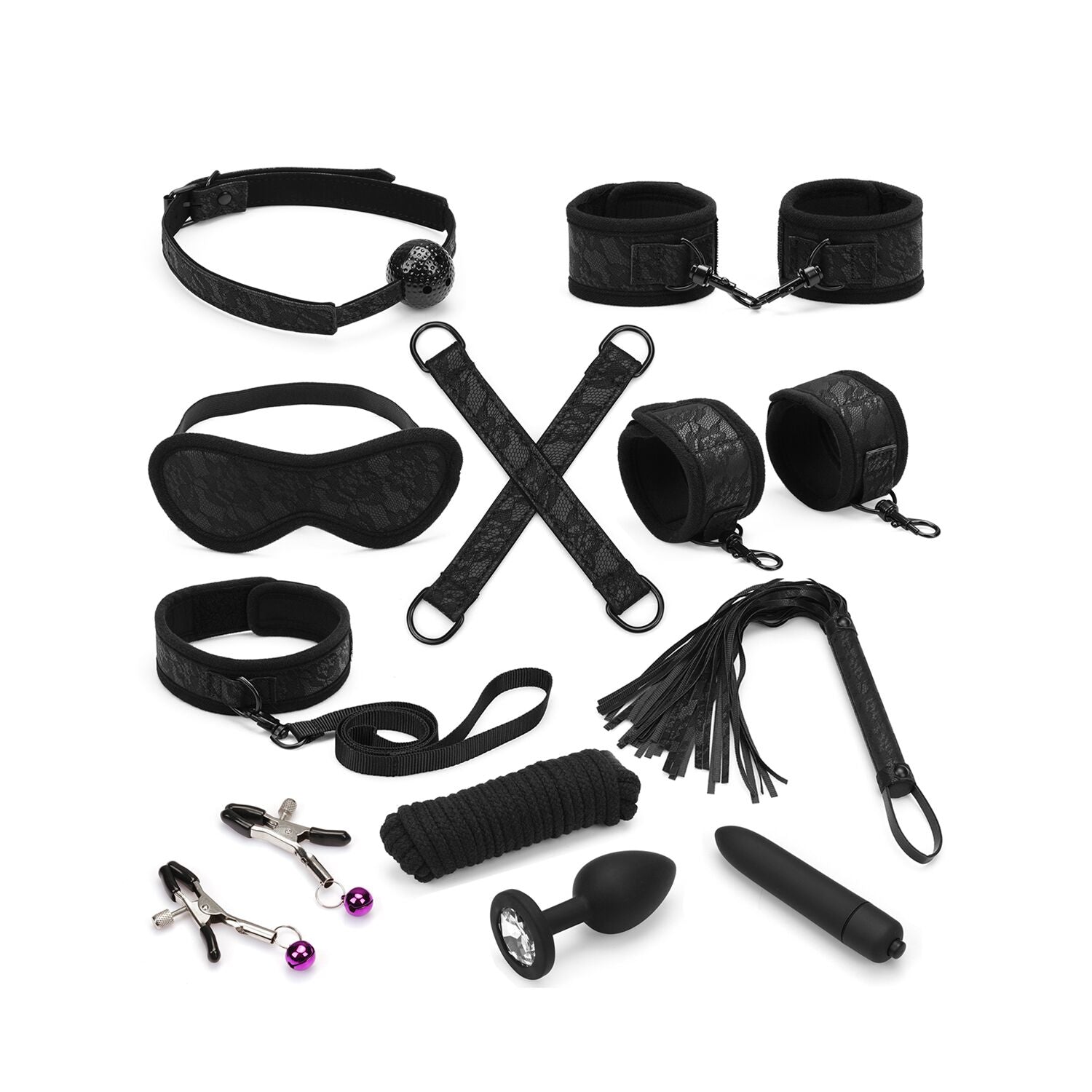 Liebe Seele (Японія) Набір Liebe Seele Black Lace and Neoprene 11pcs Bondage Kit, анальна пробка з кристалом, віброкуля
