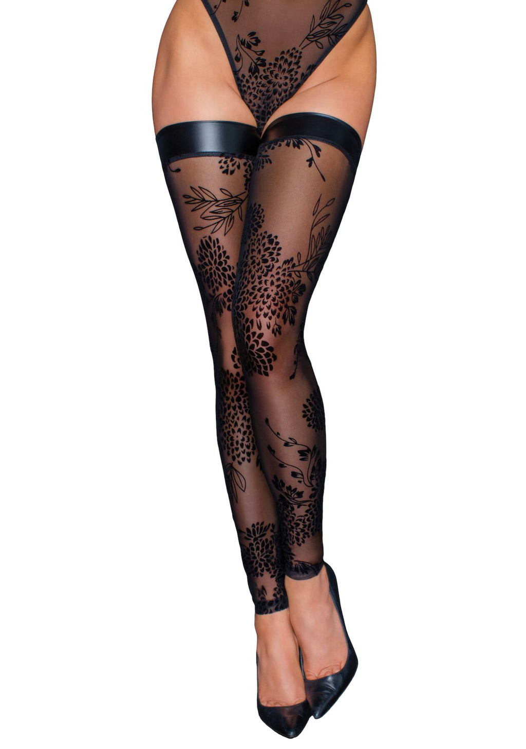 Noir Handmade (Польща) Панчохи без миска Noir Handmade F243 Tulle stockings with patterned flock embroidery, L