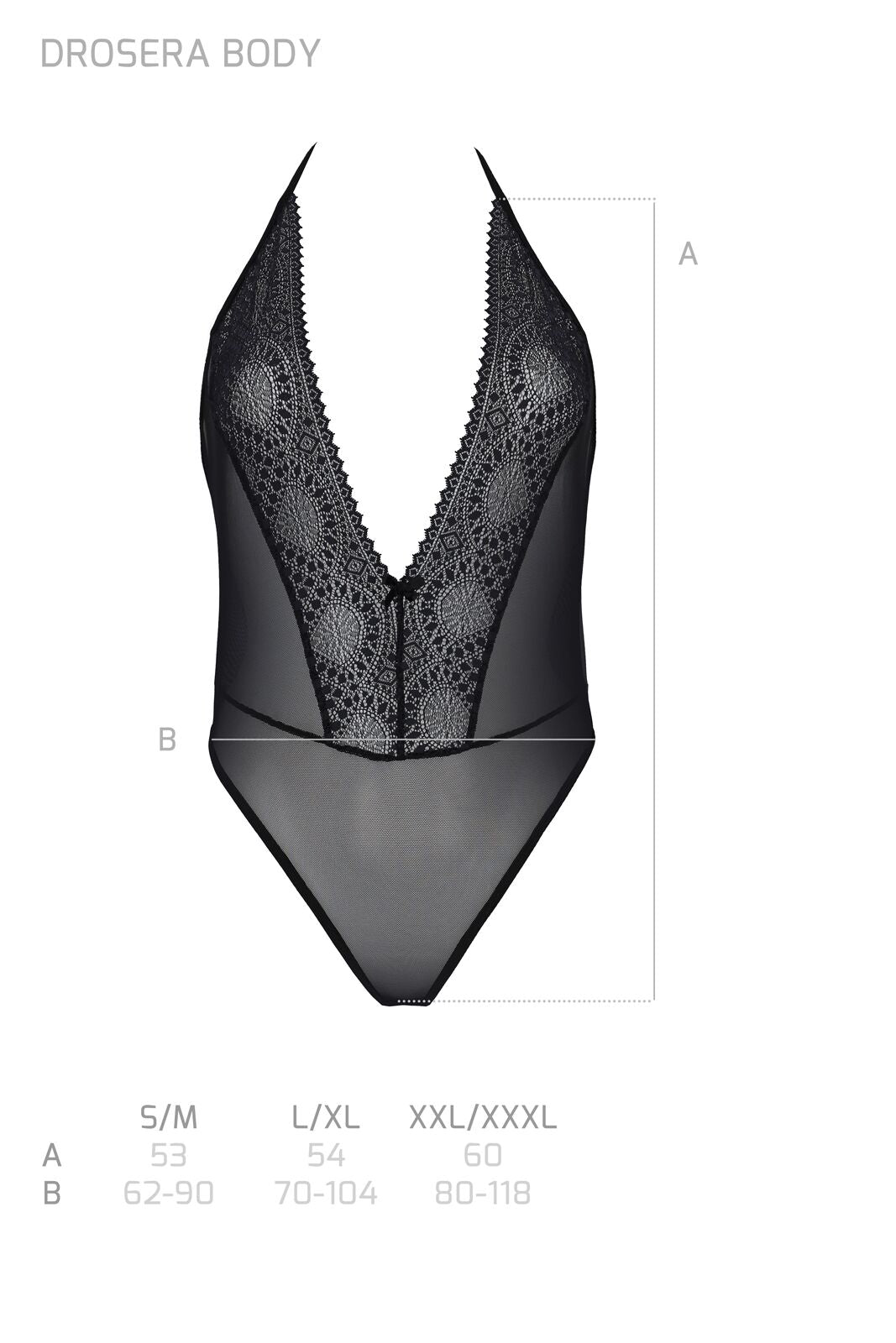 Passion (Польща) Боді Passion DROSERA BODY black, XXL/XXXL, високі вирізи, верх на зав’язках