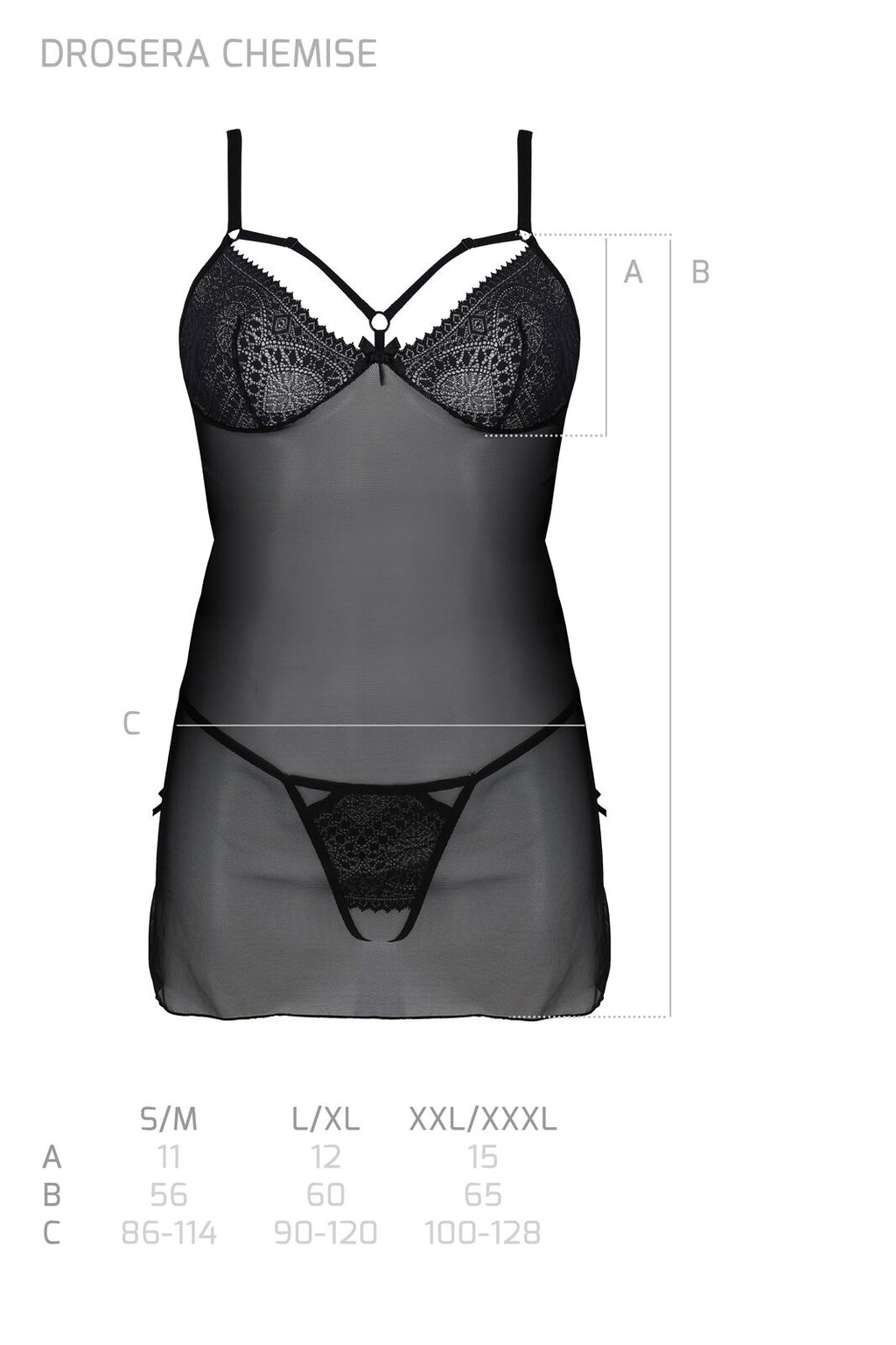 Passion (Польща) Пеньюар Passion DROSERA CHEMISE black, L/XL, мереживний ліф зі стрепами, трусики в комплекті