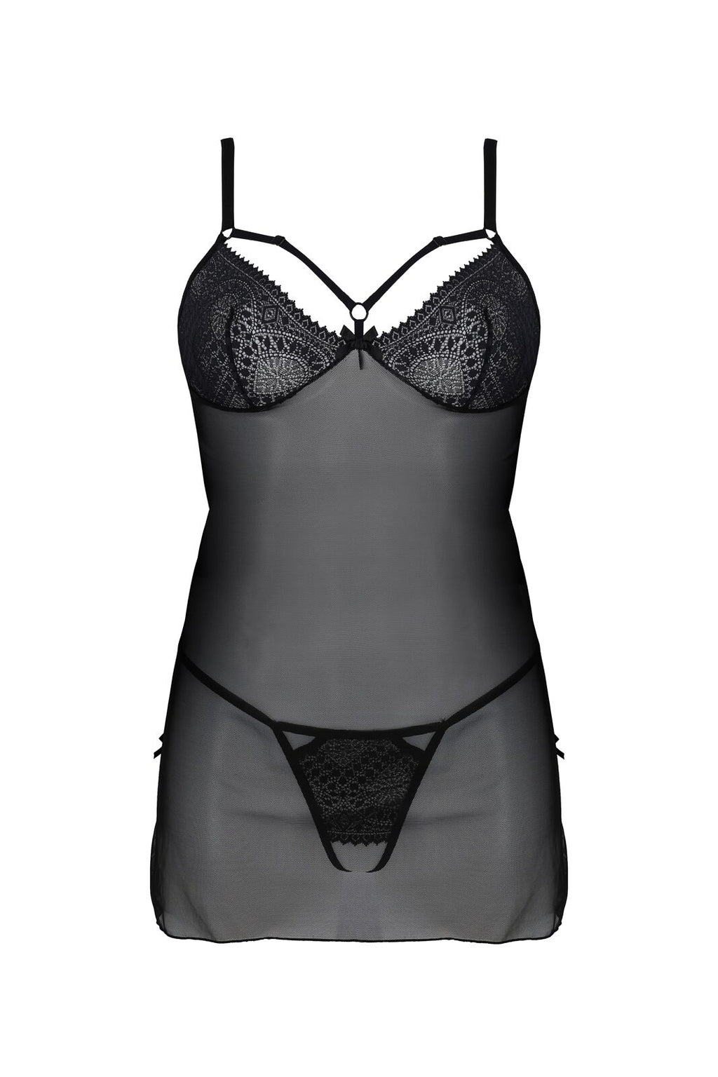 Passion (Польща) Пеньюар Passion DROSERA CHEMISE black, S/M, мереживний ліф зі стрепами, трусики в комплекті