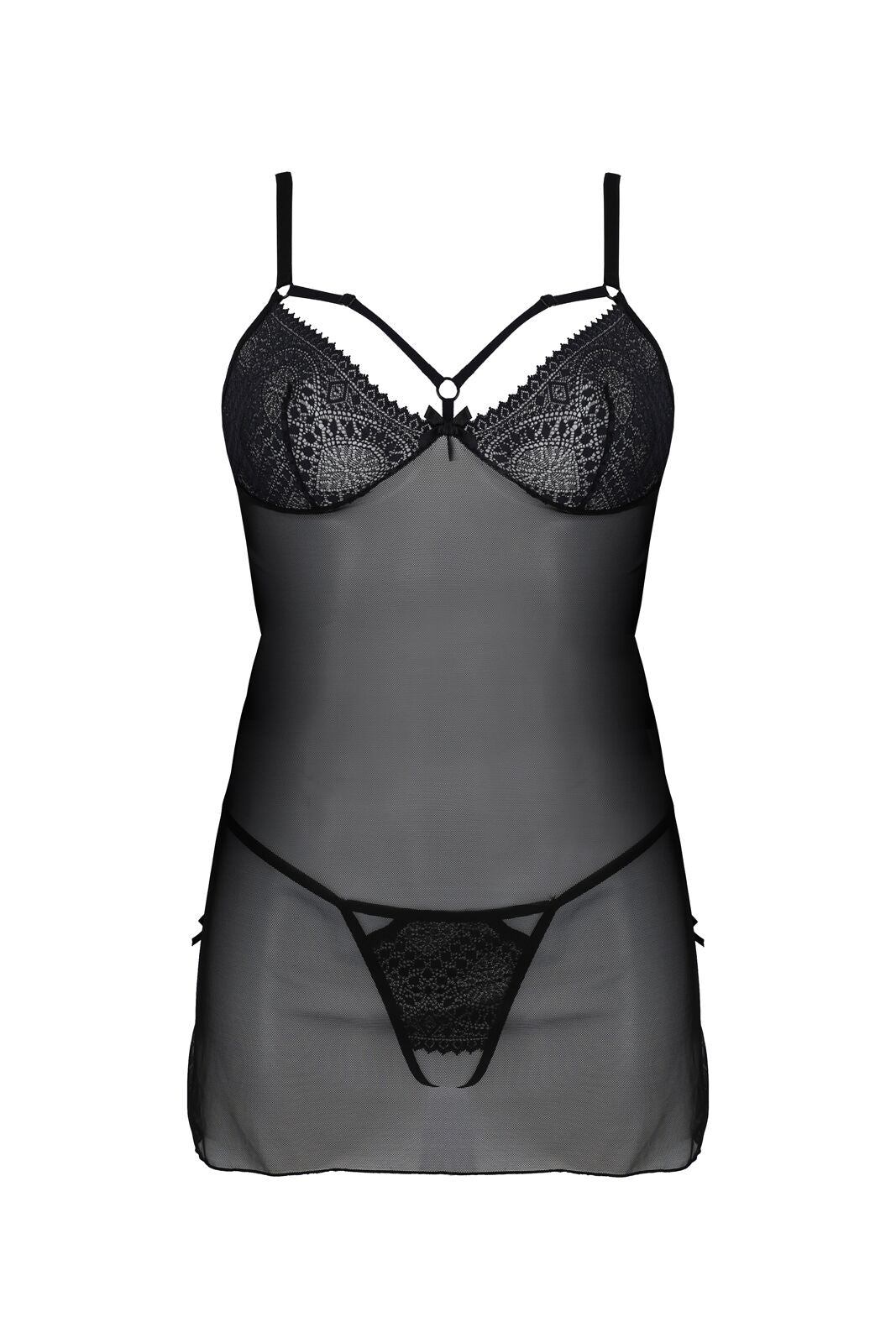 Passion (Польща) Пеньюар Passion DROSERA CHEMISE black, XXL/XXXL, мереживний ліф зі стрепами, трусики в комплекті