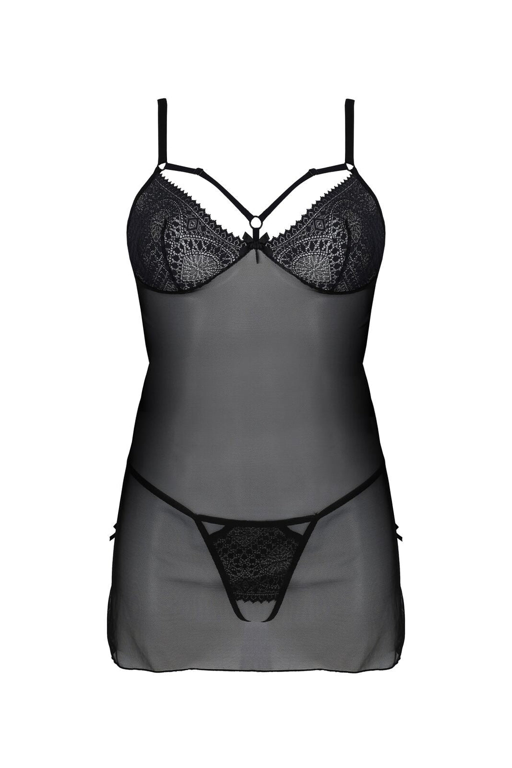 Пеньюар Passion DROSERA CHEMISE black, XXL/XXXL, мереживний ліф зі стрепами, тру