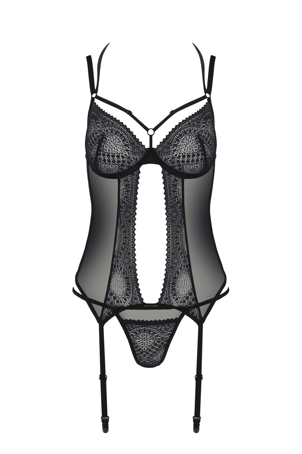 Корсет Passion DROSERA CORSET black, L/XL, з кріпленнями для панчіх, трусики в к