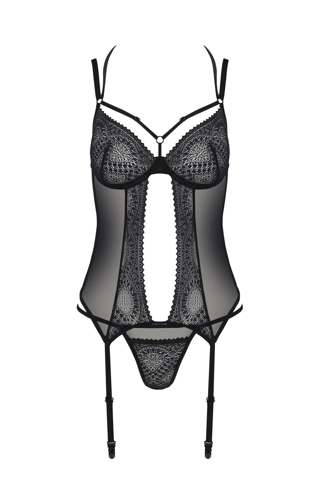 Passion (Польща) Корсет Passion DROSERA CORSET black, XXL/XXXL, з кріпленнями для панчіх, трусики в комплекті