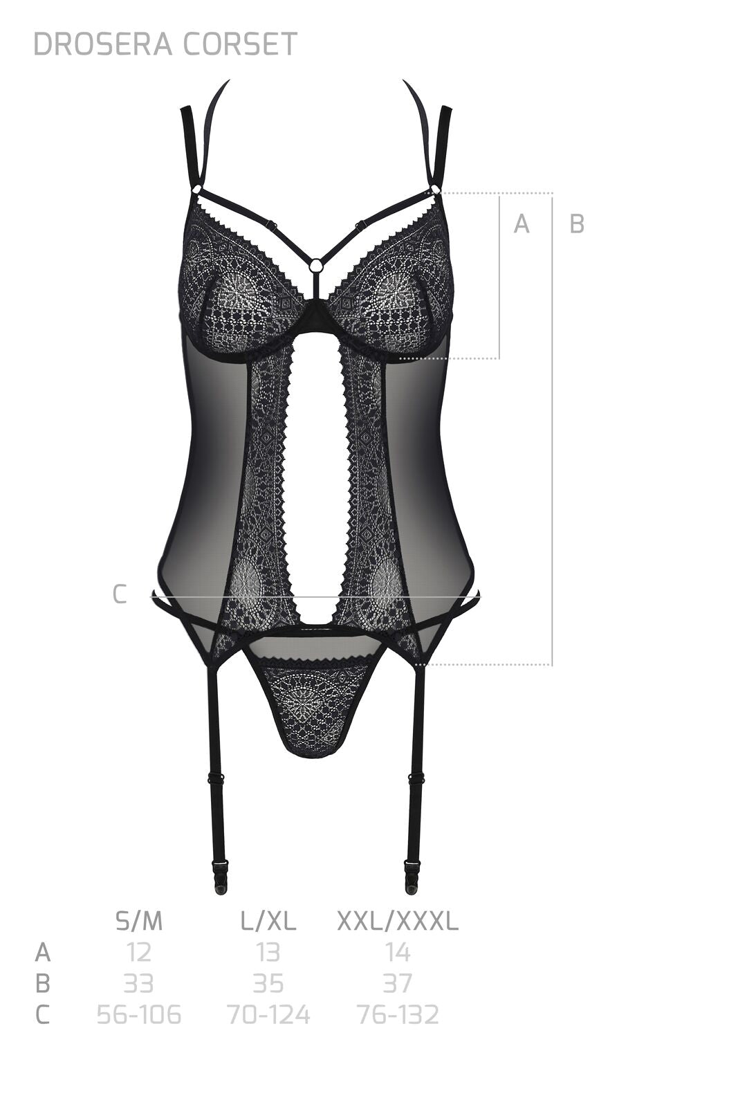 Passion (Польща) Корсет Passion DROSERA CORSET black, XXL/XXXL, з кріпленнями для панчіх, трусики в комплекті