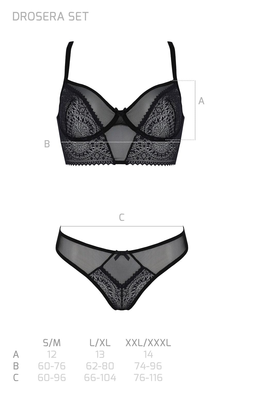 Passion (Польща) Комплект Passion DROSERA SET black S/M, сітка+мереживо, бюстьє та трусики танга