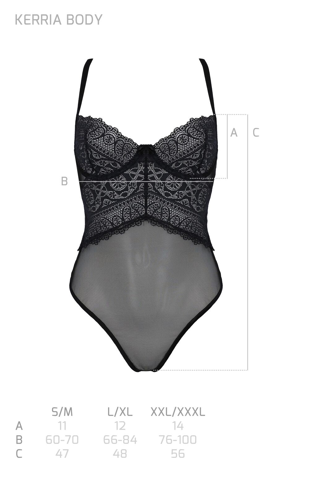 Passion (Польща) Боді Passion KERRIA BODY black, S/M, з високими вирізами та верхом балконет