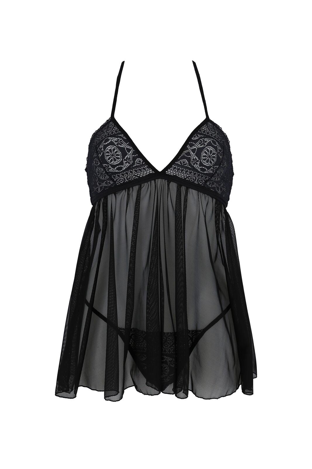 Passion (Польща) Пеньюар Passion KERRIA CHEMISE black, S/M, мереживний верх, трусики в комплекті