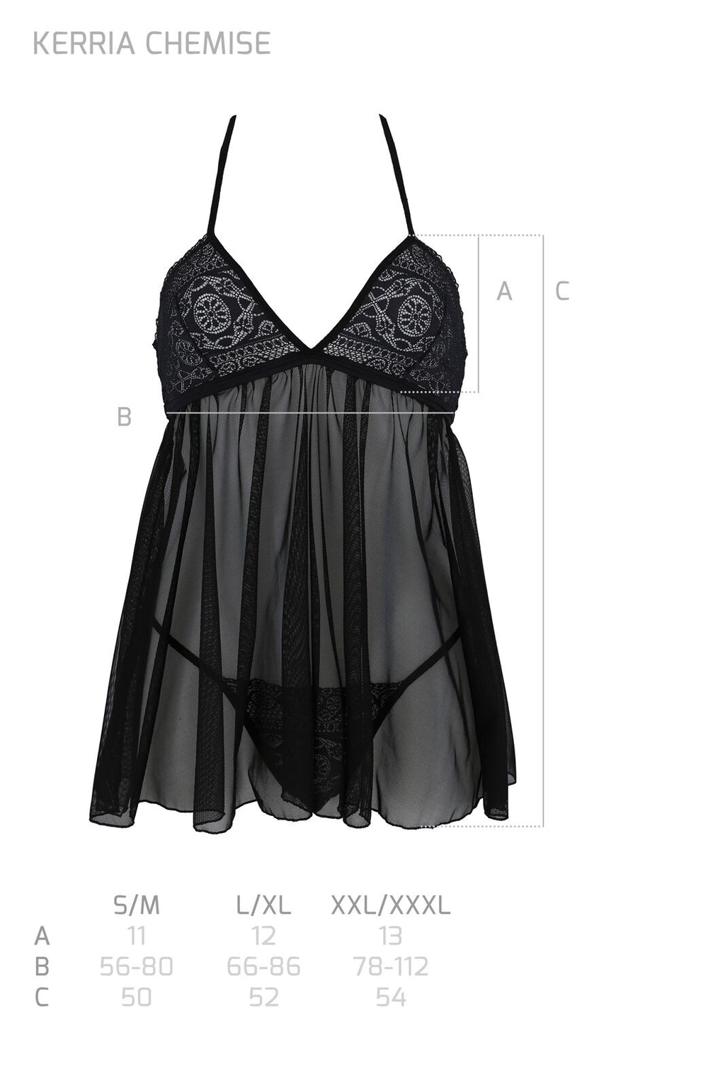 Passion (Польща) Пеньюар Passion KERRIA CHEMISE black, XXL/XXXL, мереживний верх, трусики в комплекті