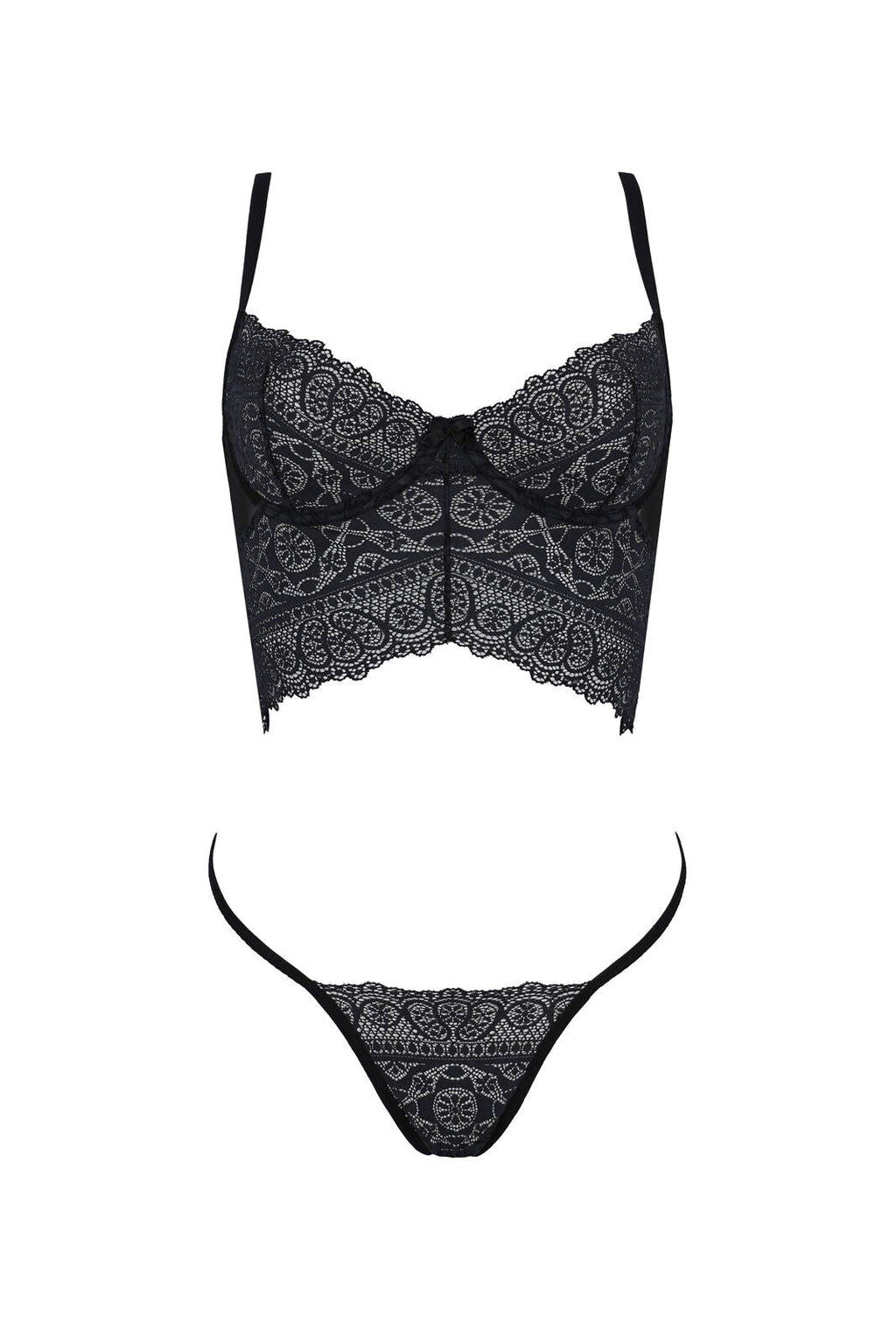 Комплект Passion KERRIA SET black, S/M, сітка+мереживо, бюстьє та стрінги