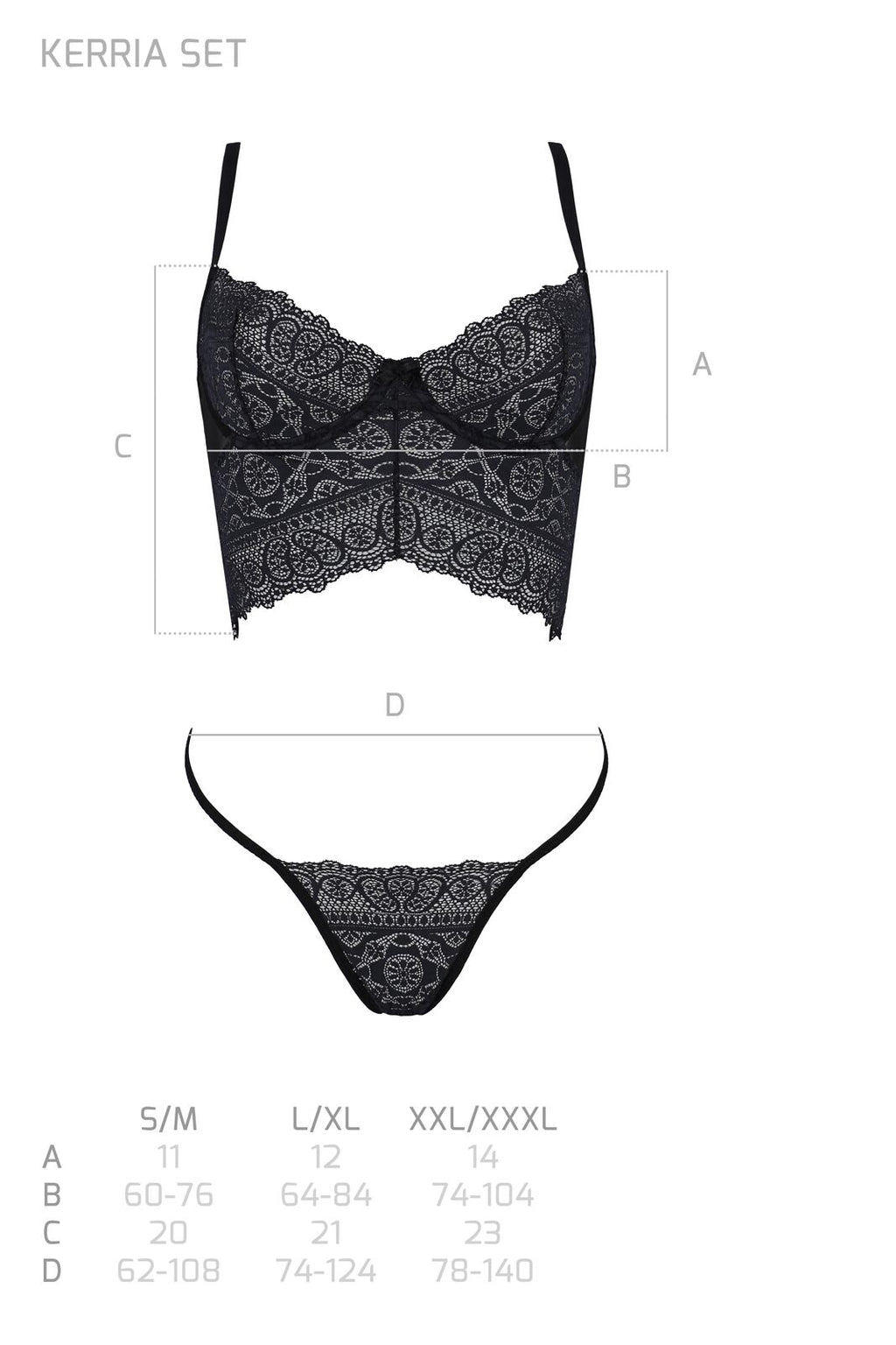 Passion (Польща) Комплект Passion KERRIA SET black, XXL/XXXL сітка+мереживо, бюстьє та стрінги