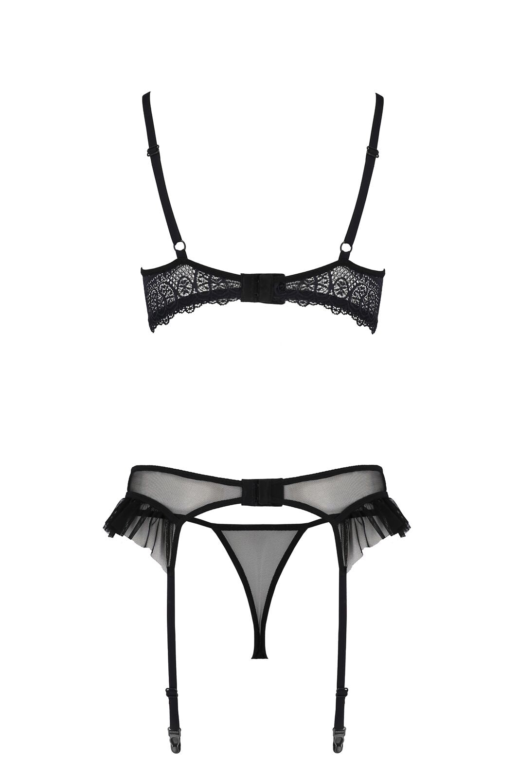 Passion (Польща) Комплект Passion KERRIA SET WITH OPEN BRA black, S/M, бюстгальтер з відкритою чашкою, стрінги, пояс для панчіх