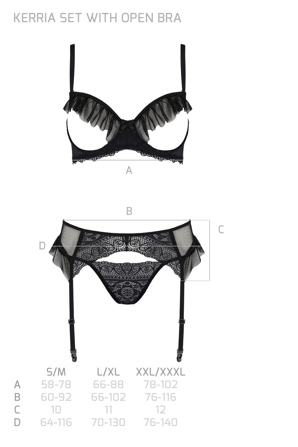 Passion (Польща) Комплект Passion KERRIA SET WITH OPEN BRA black, S/M, бюстгальтер з відкритою чашкою, стрінги, пояс для панчіх