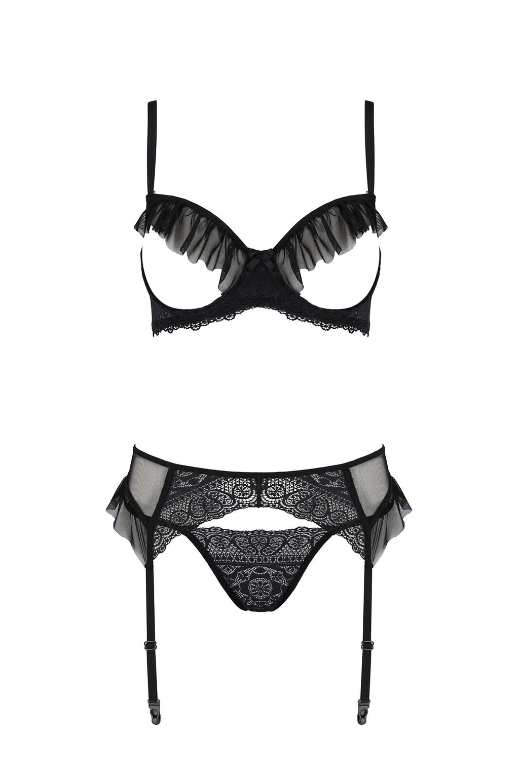Passion (Польща) Комплект Passion KERRIA SET WITH OPEN BRA black, S/M, бюстгальтер з відкритою чашкою, стрінги, пояс для панчіх