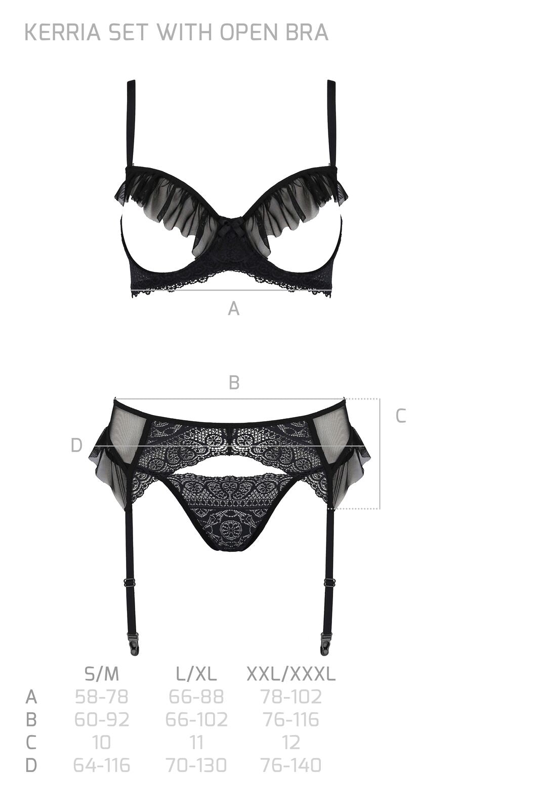 Passion (Польща) Комплект Passion KERRIA SET WITH OPEN BRA black, XXL/XXXL, бюстгальтер з відкритою чашкою, стрінги, пояс для панчіх