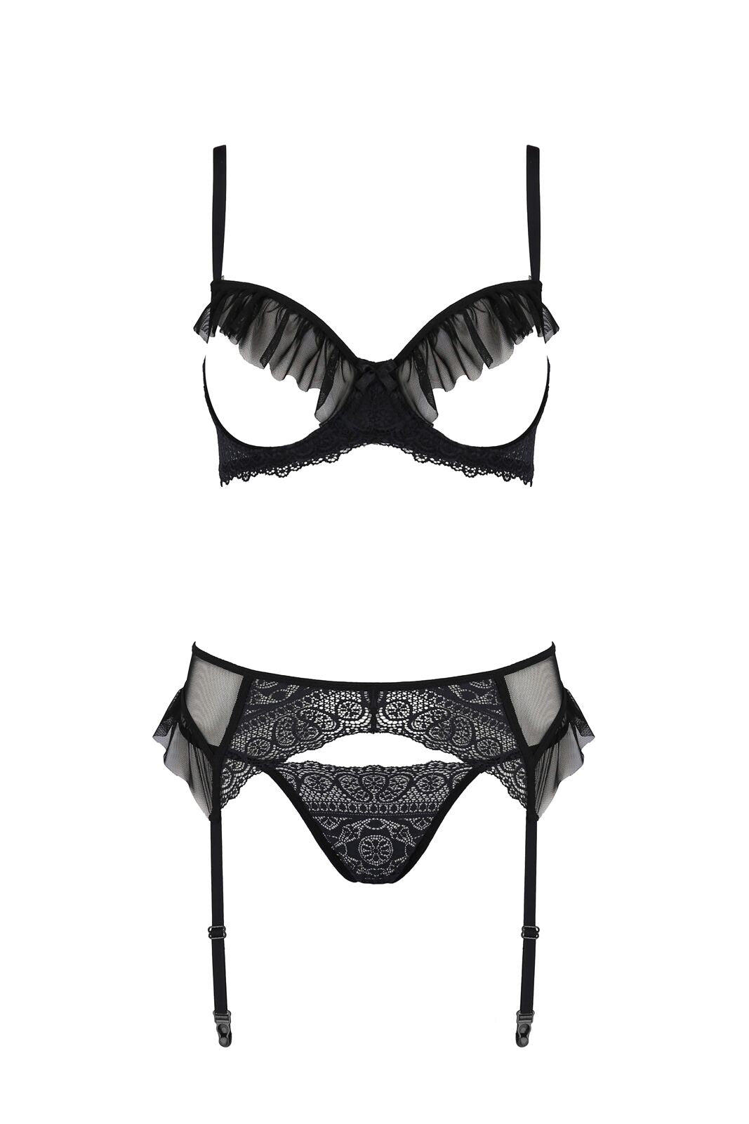 Passion (Польща) Комплект Passion KERRIA SET WITH OPEN BRA black, XXL/XXXL, бюстгальтер з відкритою чашкою, стрінги, пояс для панчіх