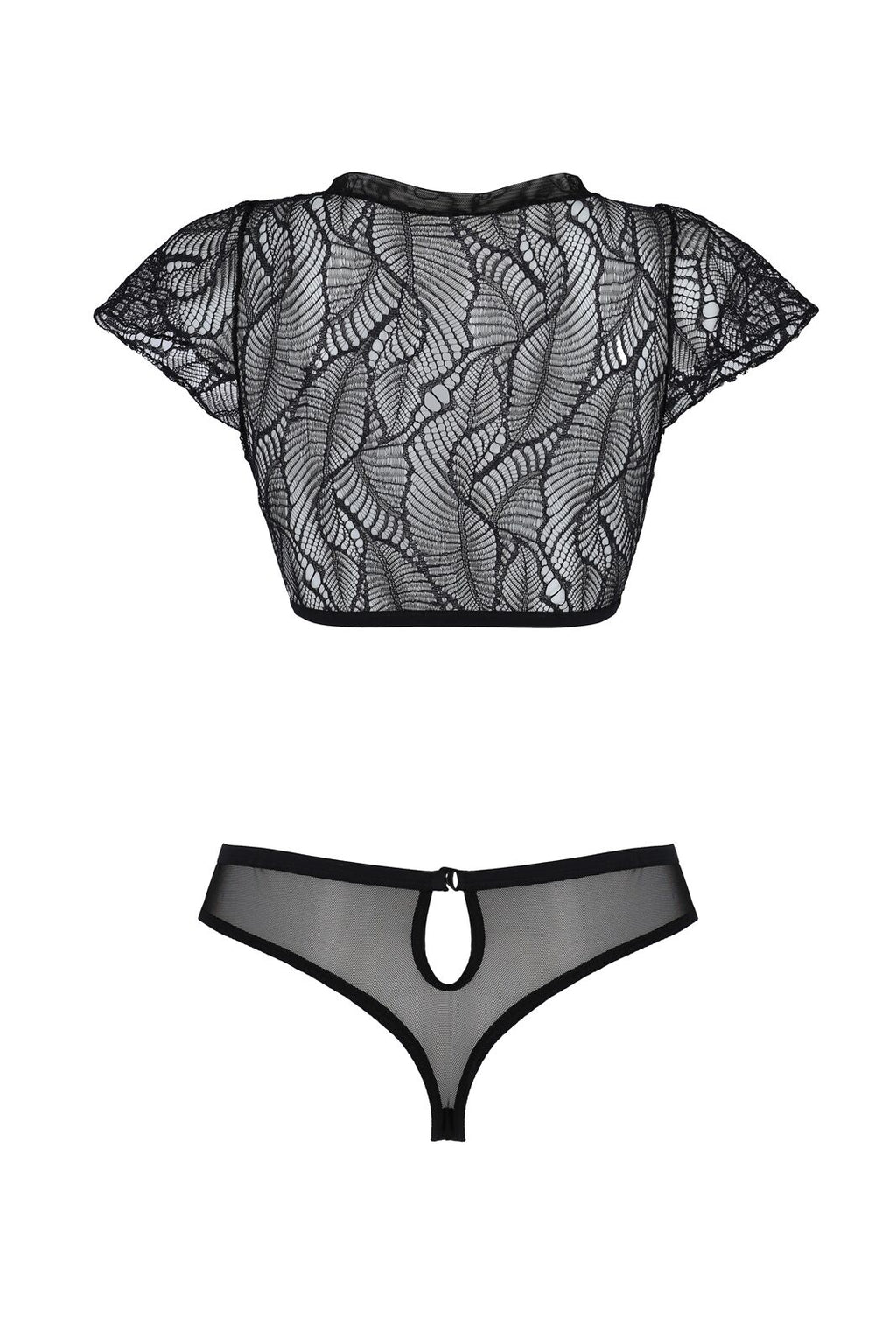 Passion (Польща) Комплект Passion LEAFA BIKINI black S/M, бюстгальтер-топ з рукавчиками, стрінги-шортики з вирізом