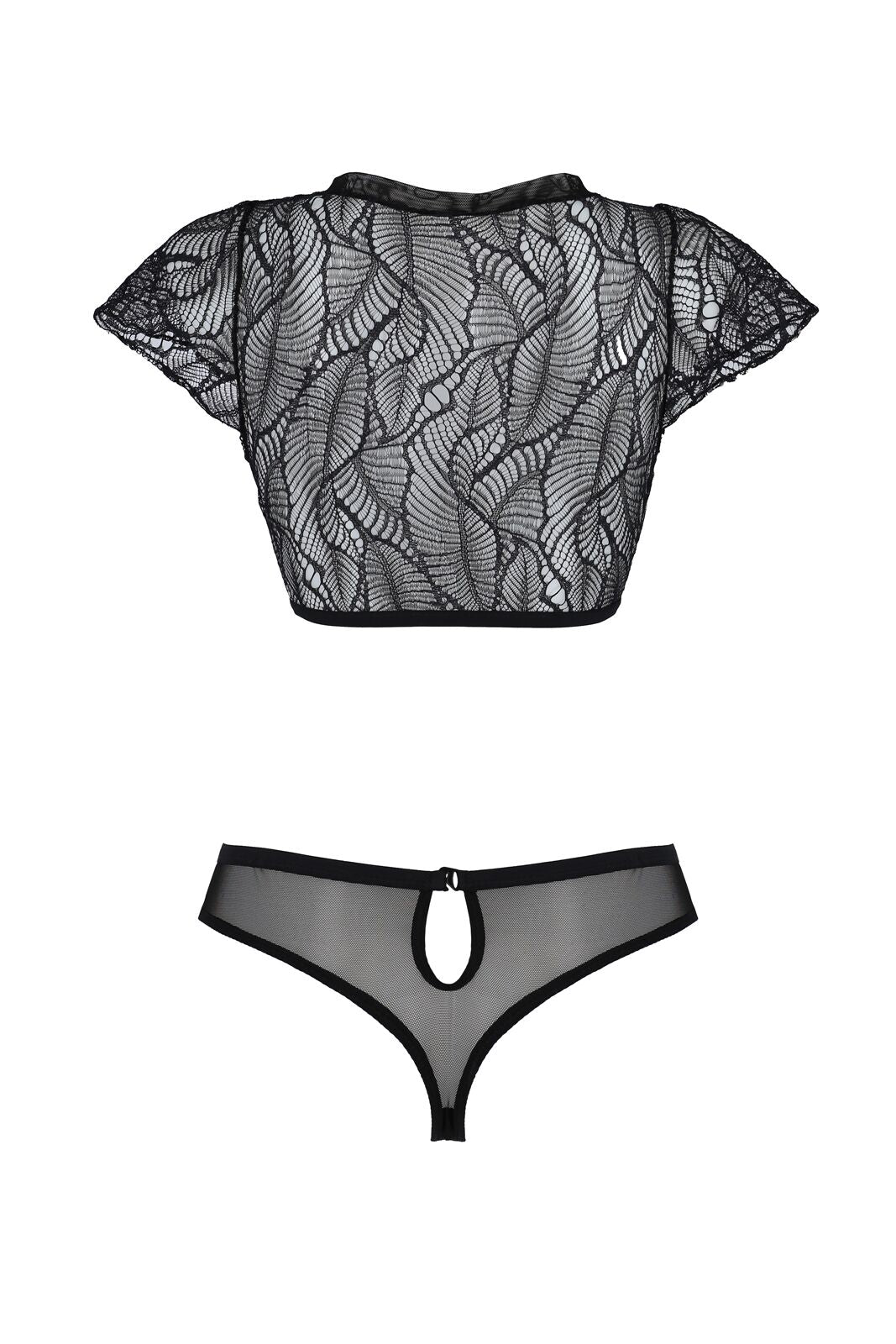 Passion (Польща) Комплект Passion LEAFA BIKINI black S/M, бюстгальтер-топ з рукавчиками, стрінги-шортики з вирізом