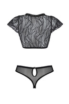 Комплект Passion LEAFA BIKINI black S/M, бюстгальтер-топ з рукавчиками, стрінги-
