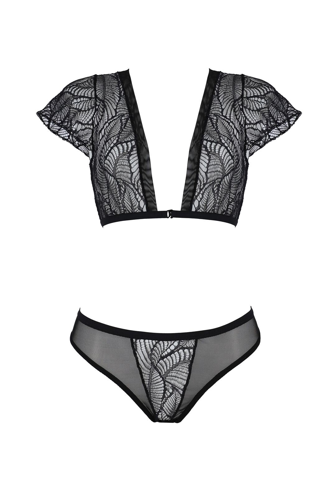 Passion (Польща) Комплект Passion LEAFA BIKINI black S/M, бюстгальтер-топ з рукавчиками, стрінги-шортики з вирізом