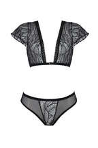 Комплект Passion LEAFA BIKINI black S/M, бюстгальтер-топ з рукавчиками, стрінги-