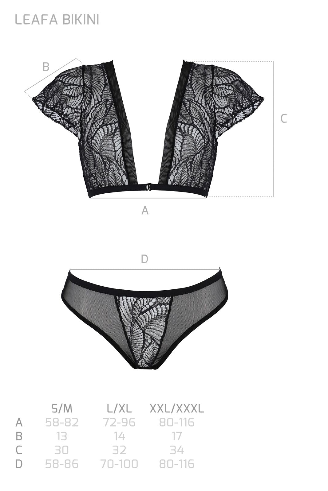 Passion (Польща) Комплект Passion LEAFA BIKINI black, XXL/XXXL, бюстгальтер-топ з рукавчиками, стрінги-шортики з вирізом